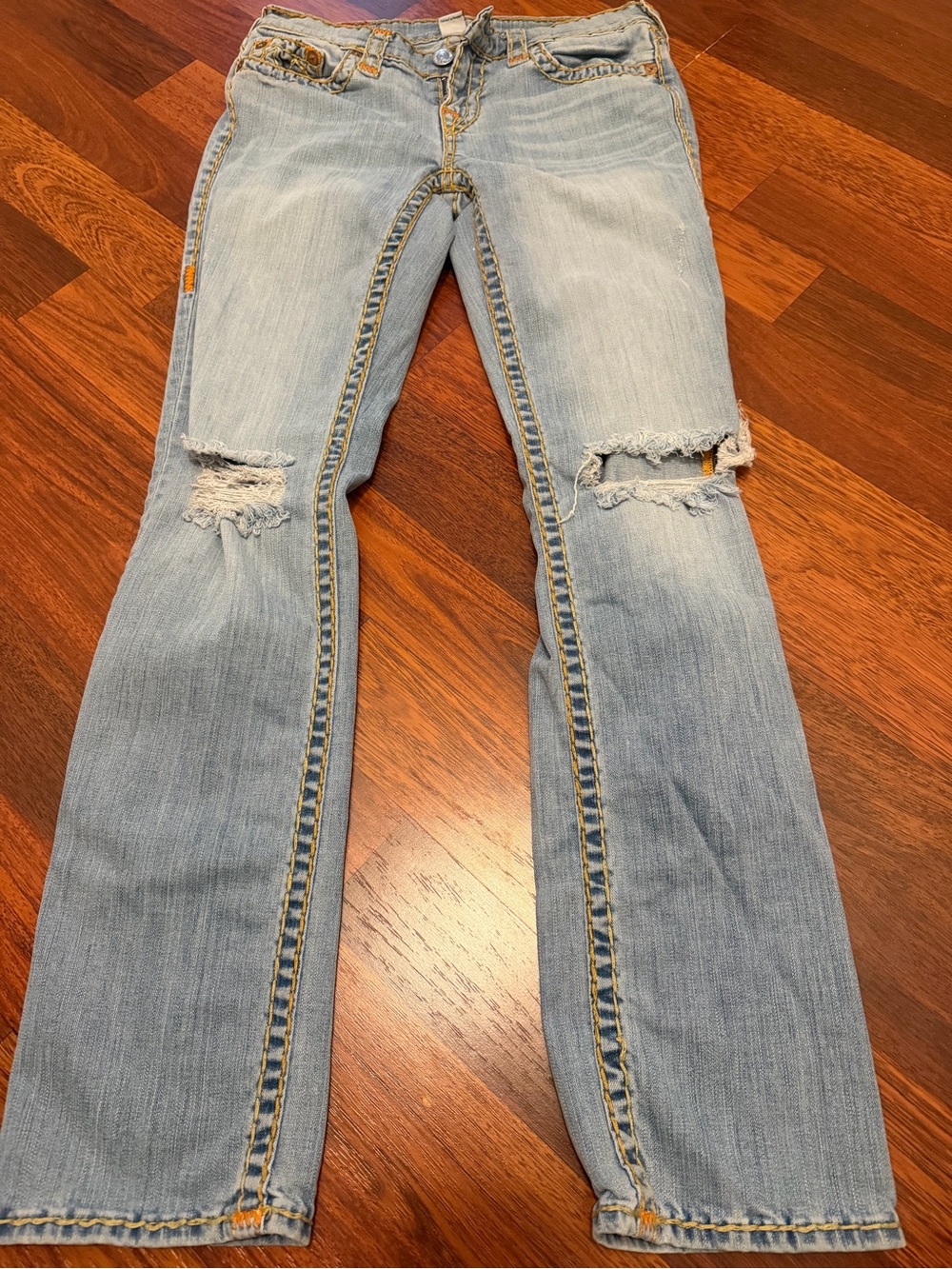 True Religion Light Blue Denim Jeans with Yellow Stitching